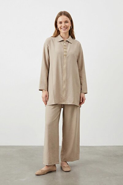 Puane Women's Shirt Collar Zippered Tunic Pants Set – 14446Tks - Beige