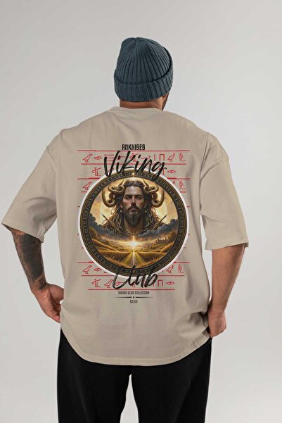 Ankhises Tricou Viking Mythology 3 cu imprimeu pe spate, bej, supradimensiona...