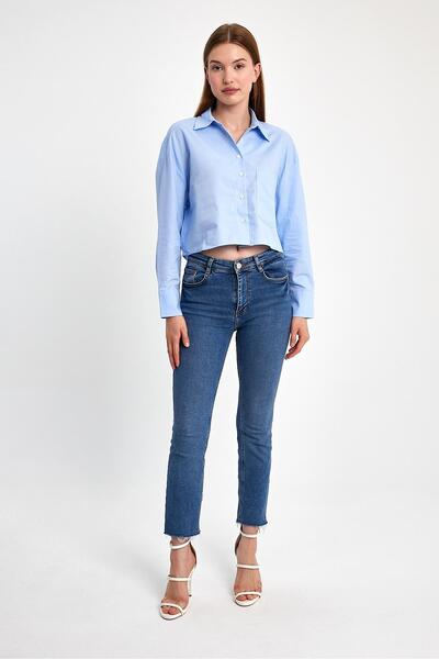 ihraç pazarı Women's Blue Pocket Cotton Polyester Crop Shirt Stylish Casual S...