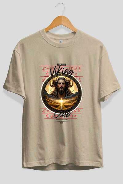 Ankhises Tricou Viking Mythology 3 cu imprimeu frontal, bej, supradimensionat...