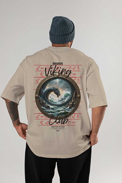 Ankhises Tricou Viking Mythology 26 cu imprimeu pe spate, bej, supradimension...