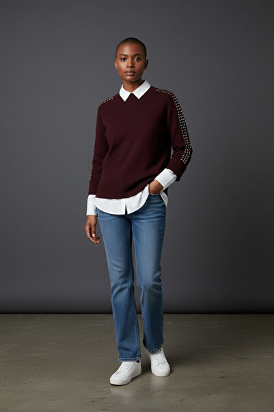 SEMİZ GİYİM Omuz Taş Detaylı Mürdüm Kazak