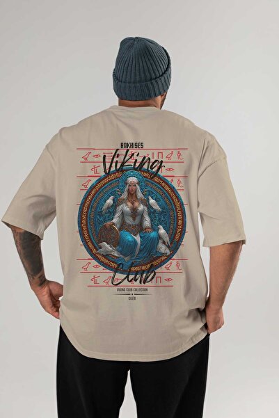 Ankhises Tricou oversize bej cu imprimeu pe spate Frigg, pentru bărbați și fe...