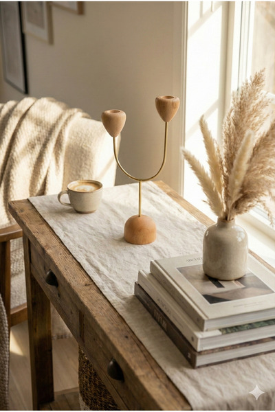 Homerest Modern İskandinav Tarzı Ahşap ve Pirinç Detaylı İkili Şamdan, Minima...