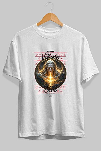 Ankhises Tricou Viking Mythology 15 cu imprimeu frontal, alb, supradimensiona...