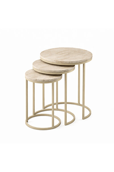 Riyes Tasarım Dünya Model 3’lü Zigon Sehpa Seti – Cappucino Metal Ayaklı – Mo...