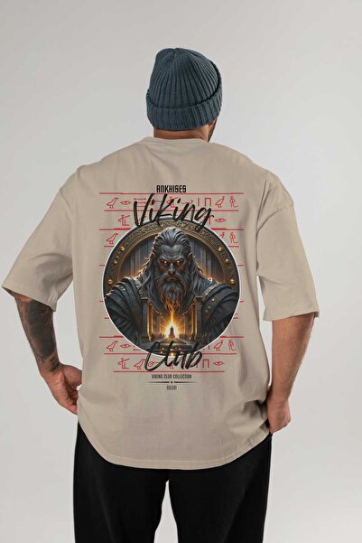 Ankhises Odin 3 Back Printed Beige Oversize T-Shirt Men's Women's Cotton Crew...