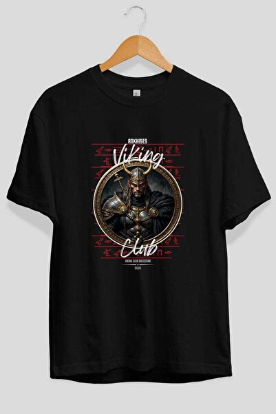 Ankhises Tricou Viking Mythology 21 cu imprimeu frontal negru supradimensiona...