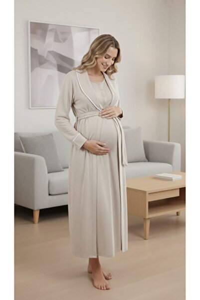 Lohussa New Season Beige Melange Shawl Collar Short Sleeve Buttoned Stylish F...