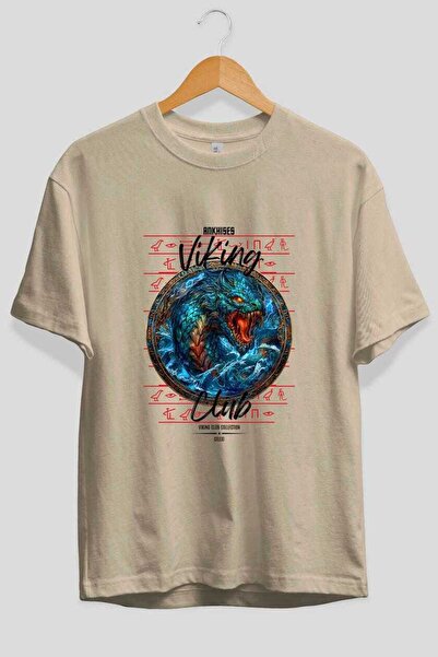 Ankhises Tricou oversize bej cu imprimeu Jörmungandr, pentru bărbați și femei...