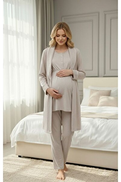 Lohussa New Season Beige Melange Shawl Collar Short Sleeve Maternity Pajama S...