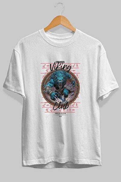 Ankhises Tricou Fenrir cu imprimeu frontal, alb, supradimensionat, pentru băr...