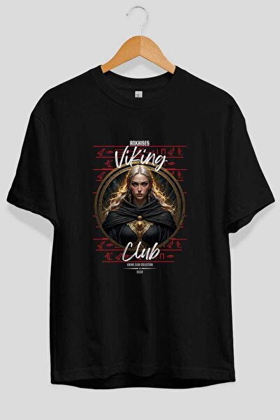 Ankhises Tricou Viking Mythology 4 cu imprimeu frontal negru supradimensionat...