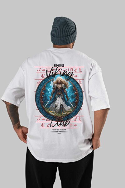 Ankhises Tricou Baldur cu imprimeu pe spate, alb, supradimensionat, pentru bă...