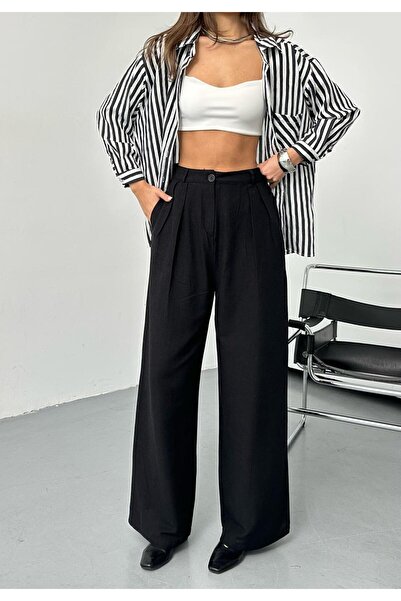 QUASAR Fashion New Season Linen Fabric Double Pleated High Waist Wide-Let Pal...