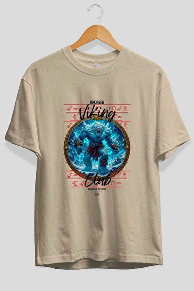 Ankhises Ymir Front Printed Beige Oversize T-Shirt Men's Women's Cotton Crew ...