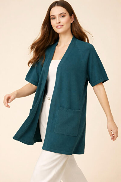 Digz fashion %100 Organic Yün Yeşil Düğmesiz Cepli Oversize Uzun Triko Tunik ...