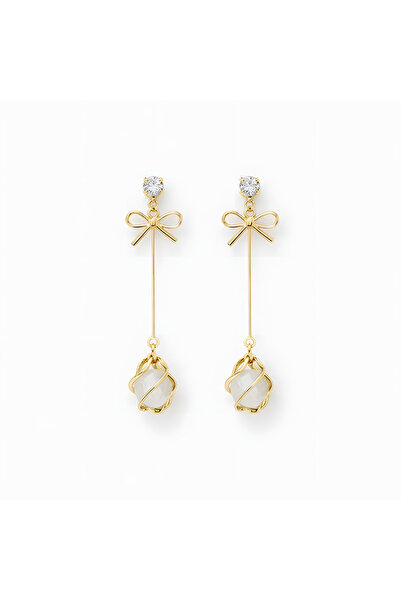 BUNILU Elegant long gold earrings with opal and zircon stones, bow model