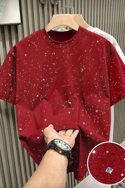 İlayda Toprak Shine Bordo Bisiklet Yaka Simli Kısa Kollu Oversize T-Shirt