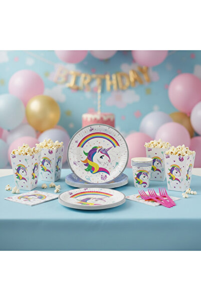Umamiçe UNICORN Parti Seti – 25'li Pembe Çatal + 8'li Mısır Kutusu + 8'li Peç...