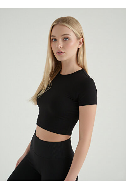 Luna Women's Black Crew Neck Short Sleeve Crop Top Body Tshirt