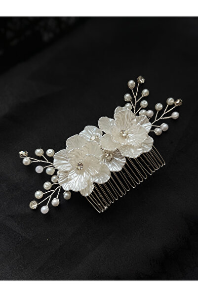 ERYA aksesuar Çiçekli İncili Gelin Saç Tarağı Kristal Taşlı Nikah Aksesuarı