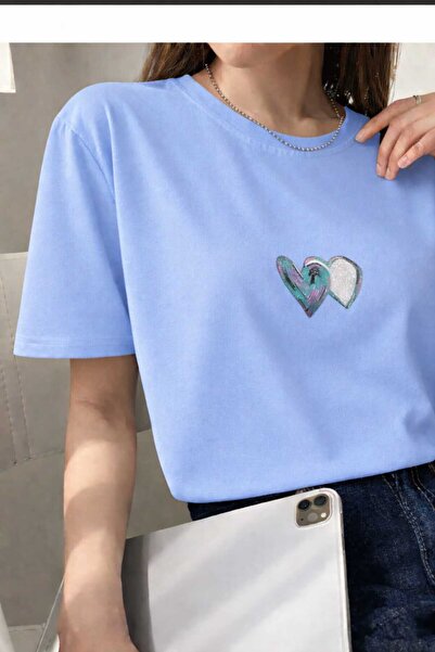 New Shine Blue Heart Printed Women's Baby Blue T-Shirt