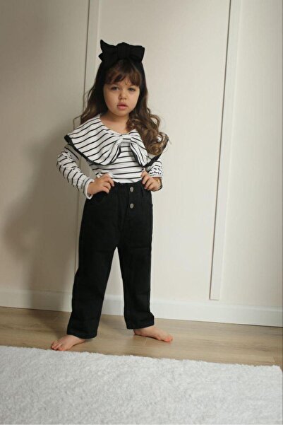 Joui Co Girl's Striped Bow Blouse & Trousers 2-Piece Set Stylish Combination-...