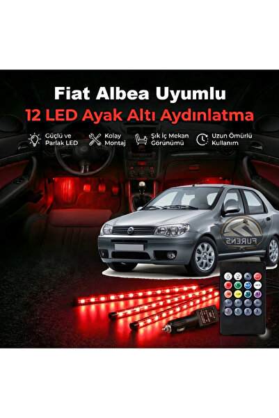 STS Oto Aksesuar Fiat Albea Uyumlu RGB Ayak Altı LED 12 Led Kumandalı Müzik D...