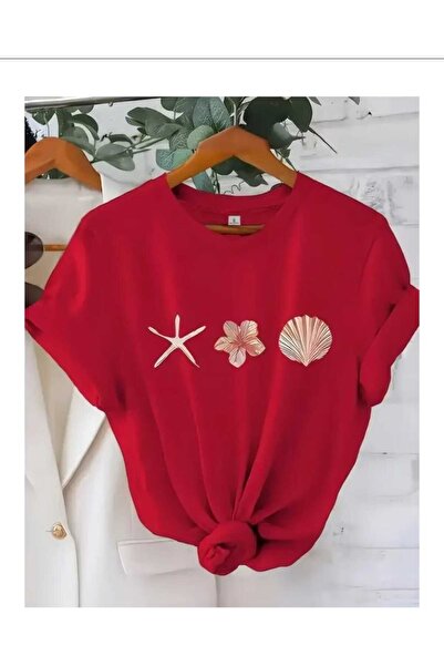 New Shine Sea Shell Printed Red T-Shirt