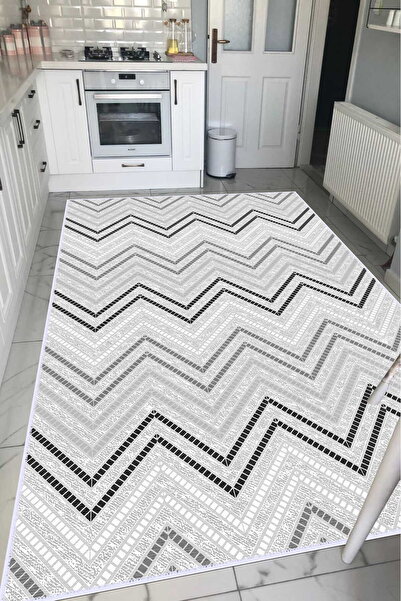 VOPTEKS Gri Beyaz Halı Mutfak Halısı Makinede Yıkanabilir Halı Kaymaz Taban Halı