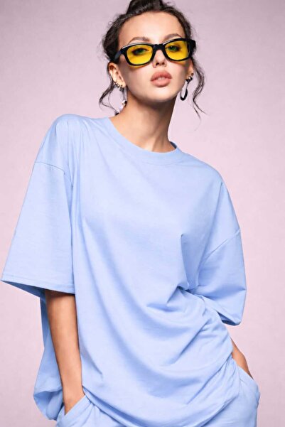 New Shine Solid Color Women's Baby Blue T-Shirt