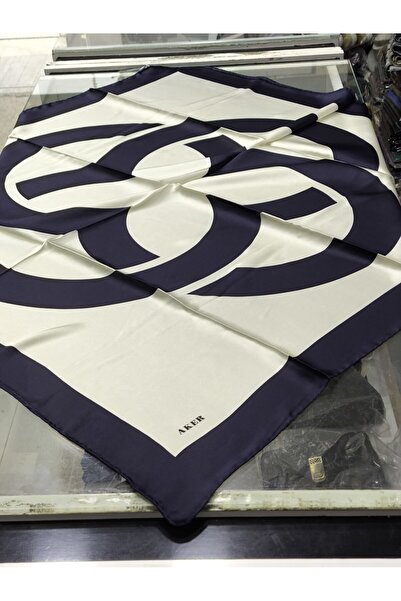 Aker Nostalji̇ Sura Silk Scarf Dark Blue Cream 8800-324