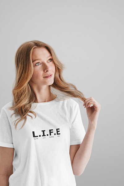 MAGORS تي شيرت نسائي قطني برقبة دائرية وطباعة LIFE LIFE، تصميم قياسي، طراز ري...