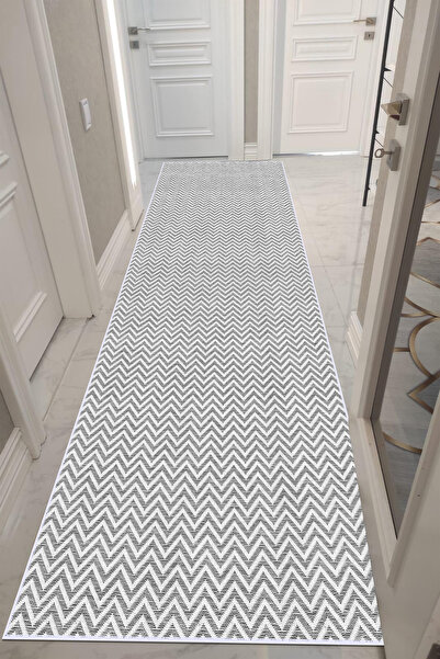 VOPTEKS Gri Beyaz Halı Yolluk Makinede Yıkanabilir Halı Kaymaz Taban Halı