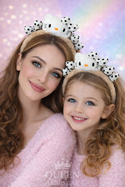 QUEEN AKSESUAR Hello Kitty Coroană pufoasă de pluș 3D, albă, cu fundă cu buli...