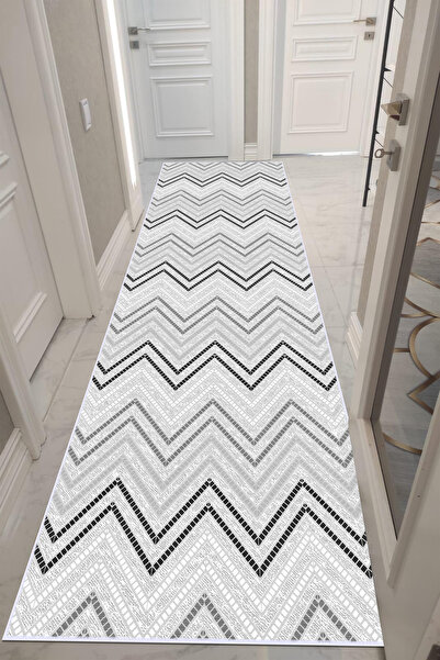 VOPTEKS Gri Beyaz Halı Yolluk Makinede Yıkanabilir Halı Kaymaz Taban Halı