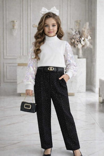 UZUN BUTİK Kids Children's Festive Pants with Sequin Details, Fur and Stones, Belt and Bag