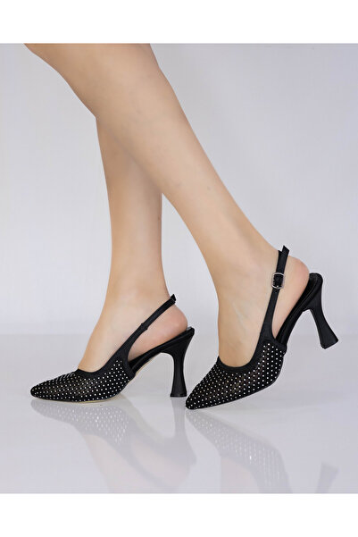 RMY SHOES Black Mesh Stone Detailed Stylish Evening & Event Heeled Shoes