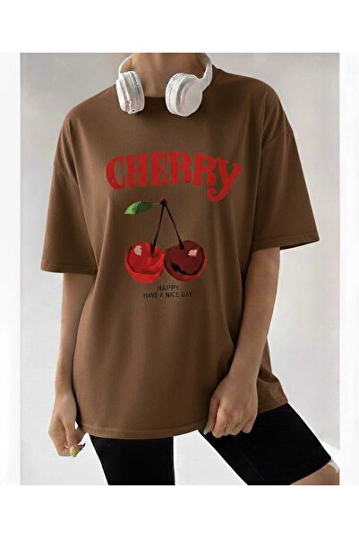 New Shine Cherry Printed Brown T-Shirt