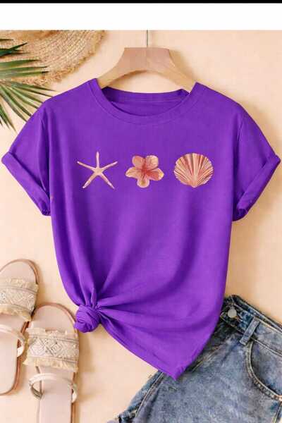 New Shine تي شيرت أرجواني مطبوع عليه صورة صدفة البحر
