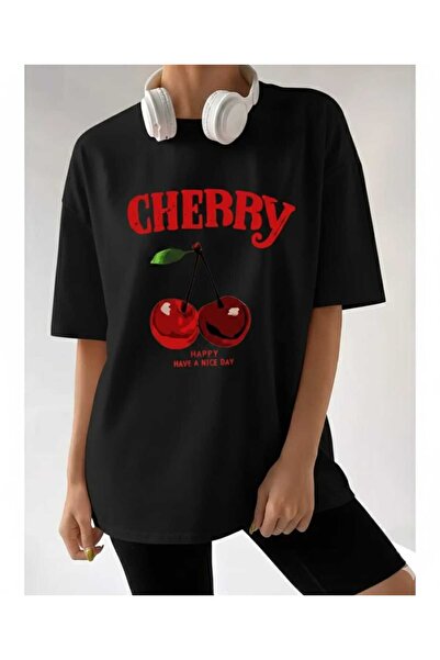 New Shine Cherry Printed Black T-Shirt