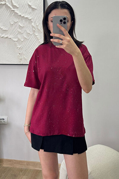 İlayda Toprak Μπλουζάκι Shine Bordo με λαιμόκοψη ποδηλάτου, ασημί και κοντό μ...