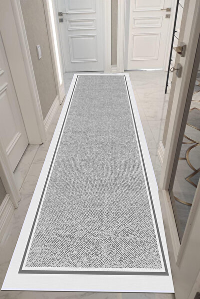 VOPTEKS Gri Beyaz Halı Yolluk Makinede Yıkanabilir Halı Kaymaz Taban Halı