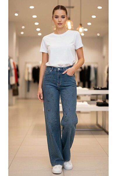 modaselda Kadın kot pantolon serpme taşlı liktralı