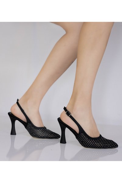 RMY SHOES Black Mesh Stone Detailed Stylish Evening & Event Heeled Shoes