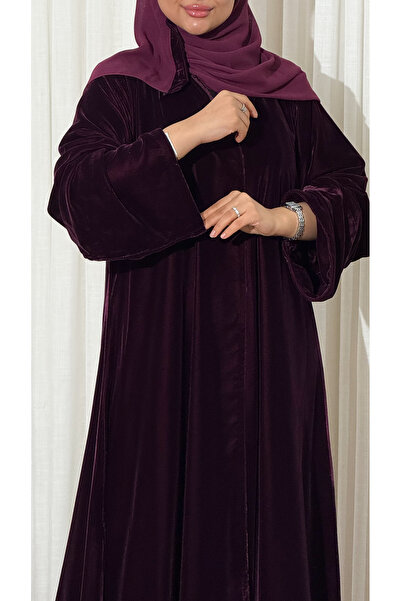 Ms Winter abaya in burgundy Velvet with a half-circle cut, wide sleeves, and ...