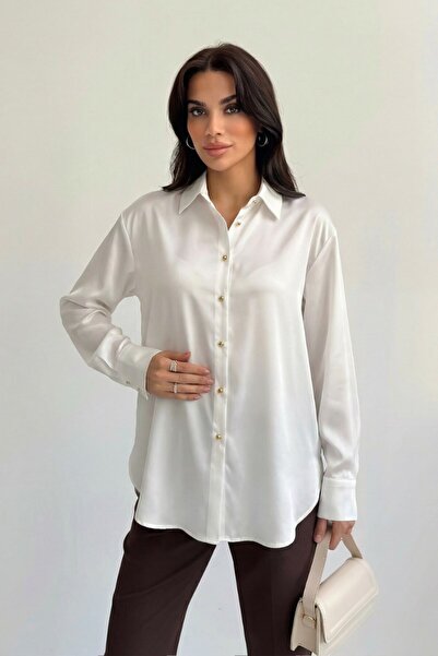 Potenza Women Shirt Satin Stylish Gold Button Long Sleeve Off Shoulder Shirt