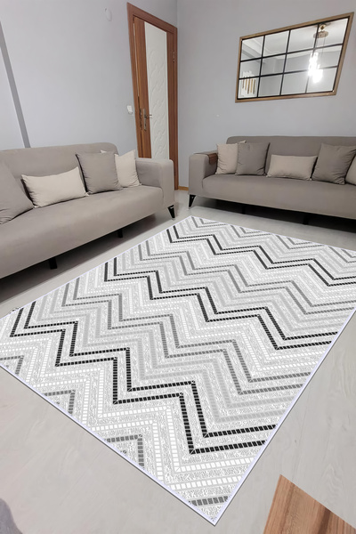 VOPTEKS Gri Beyaz Halı Salon Halısı Makinede Yıkanabilir Halı Kaymaz Taban Halı