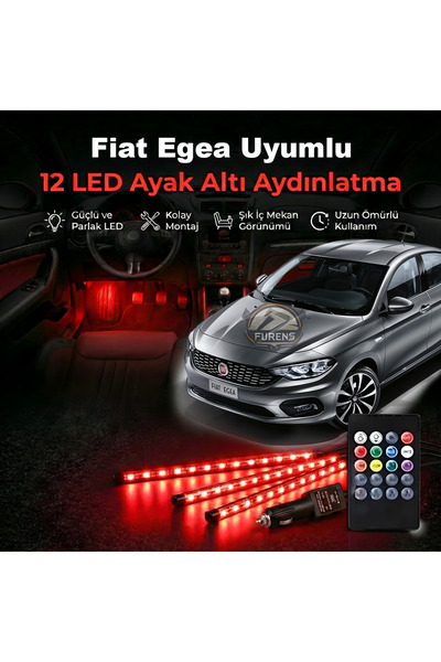 STS Oto Aksesuar Fiat Egea Uyumlu RGB Ayak Altı LED 12 Led Kumandalı Müzik Du...